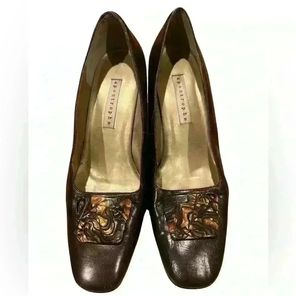 Apostrophe Brown Leather Slip On Block Heel Pumps Dress Work Women's Shoes 8.5M